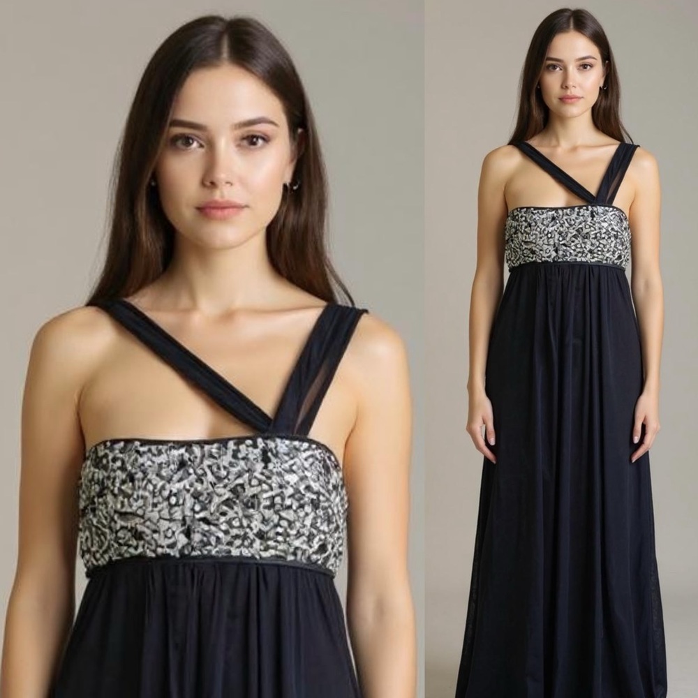Marc Bouwer Black Silk Sequin Goddess Formal Gown Long Party Prom Dress Size 2